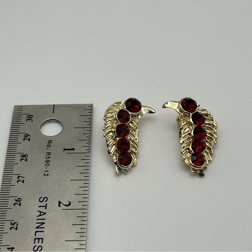 Vintage Silver Tone Abstract Textured Bird Clip On Earrings with Red Rhinestones
